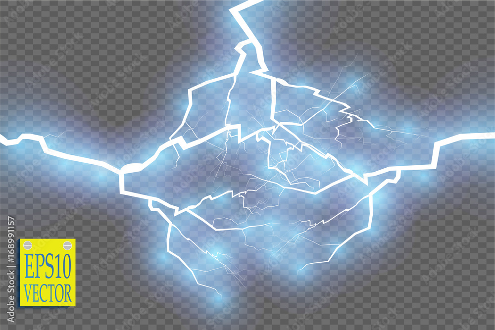 Blue abstract energy shock explosion special light effect with spark. Vector glow power lightning cluster. Electric discharge on transparent background. High voltage charged core