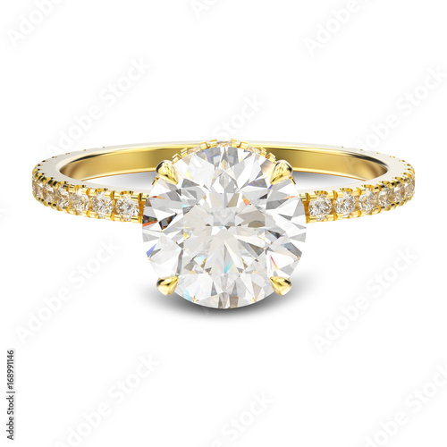 3D illustration yellow gold traditional engagement ring with diamond with shadow