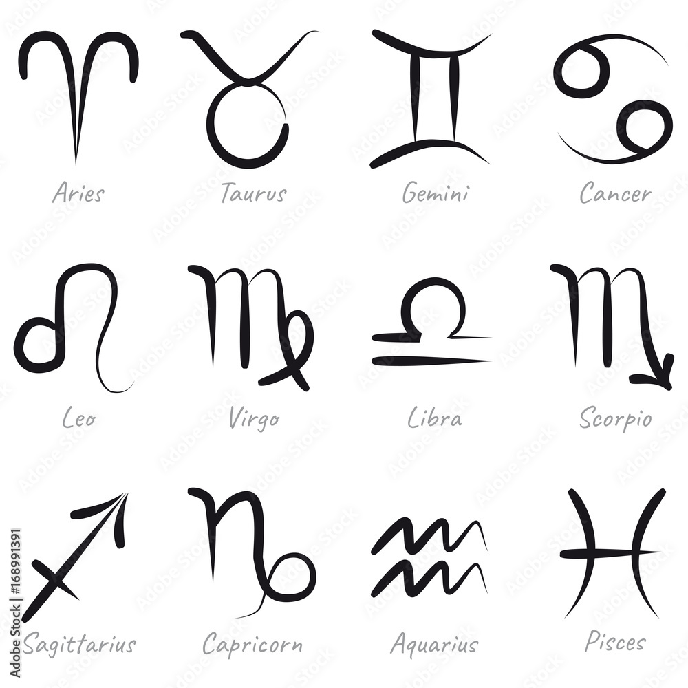 Simplicity hand drawn all twelve zodiac symbols with names, black ink ...