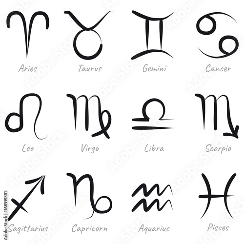 Simplicity hand drawn all twelve zodiac symbols with names, black ink isolated on white background