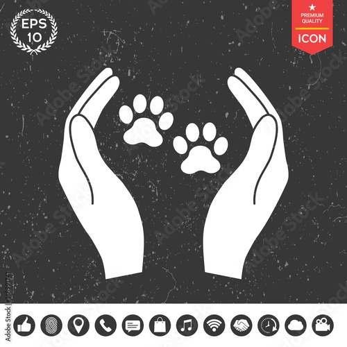 Shelter pets sign icon. Hands holds paw symbol. Animal protection