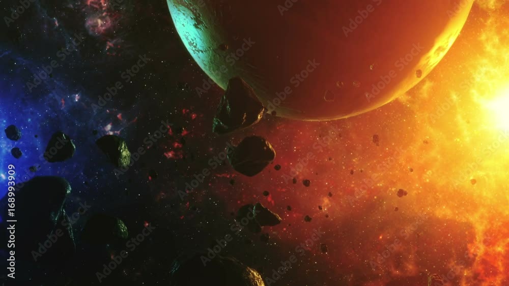 A beautiful flight in a colorful space with asteroids with sounds and a planet