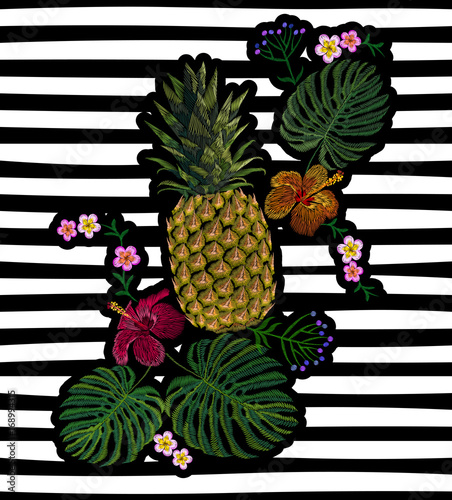 Embroidered exotic yellow pineapple fruit monstera leaves hibiscus flower. Fashion print embroidery texture stitch decoration patch. Tropic vector illustration on stripe background art