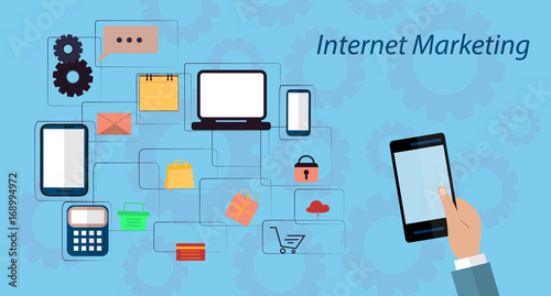 Online Internet Marketing Concept. Digital Marketing, store, Ecommerce shopping. Flat illustration.