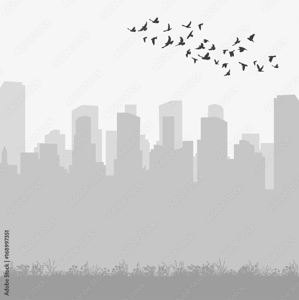 silhouette of flying birds on a gray city background