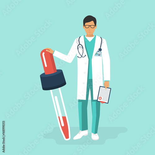 Pipette in hands doctor. Treatment colds. Medicament preparations. Pain killers. Vaccination flu. Vector illustration flat design. Isolated on white background. Doctor in full growth.