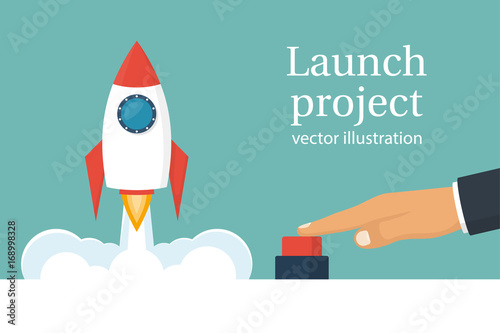 Startup working enterprise. Launch project. Business concept. Businessman hand pushing start button. Vector illustration cartoon flat design. Isolated on white background. Rocket of launch metaphor.