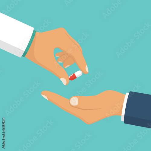 Doctor giving pills patient. Vector illustration flat style design. Holding capsule in hands. Healthcare concept. Take painkillers drugs. Medications in palm. Isolated on background. Medicine