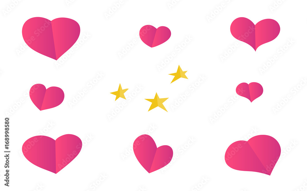 Vector set of pink paper hearts and yellow stars