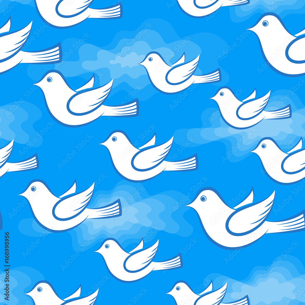 Seamless Background with Cartoon White Birds Flying in Sky with Clouds, Tile Illustration for Your Design. Vector Seamless Background with Cartoon White Birds Flying in Sky with Clouds, Tile Illustration for Your Design. Vector