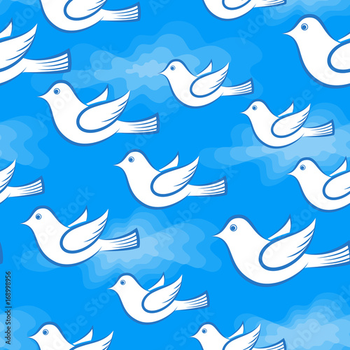 Seamless Background with Cartoon White Birds Flying in Sky with Clouds, Tile Illustration for Your Design. Vector