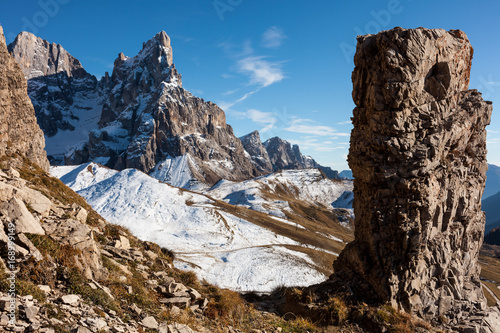 Panoramic view of the dolomite mountains with rocks and snow