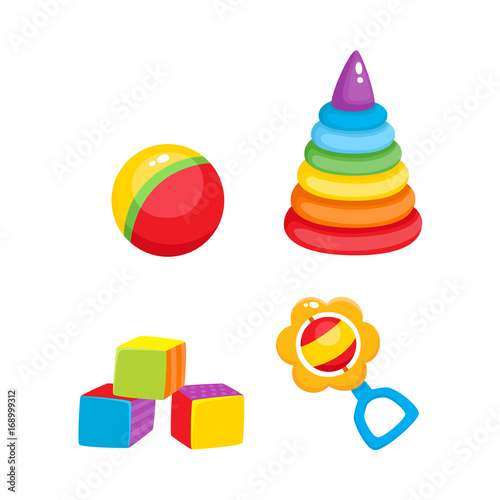 Set of vector baby toys in flat style. Cubic blocks, plastic pyramid , striped ball and rattle toy. Isolated illustration on a white background. Children education, growth and development concept.