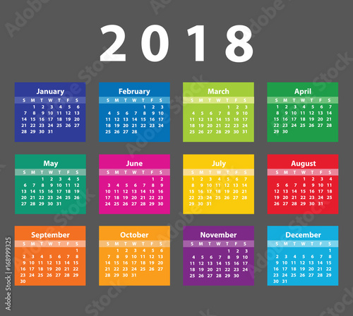 Color Calendar 2018 starting from Sunday. Vector illustration