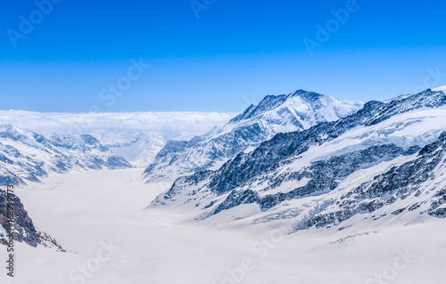 Great Aletsch Glacier, Jungfrau, Swiss Alps Snow Mountain Landscape of Switzerland.