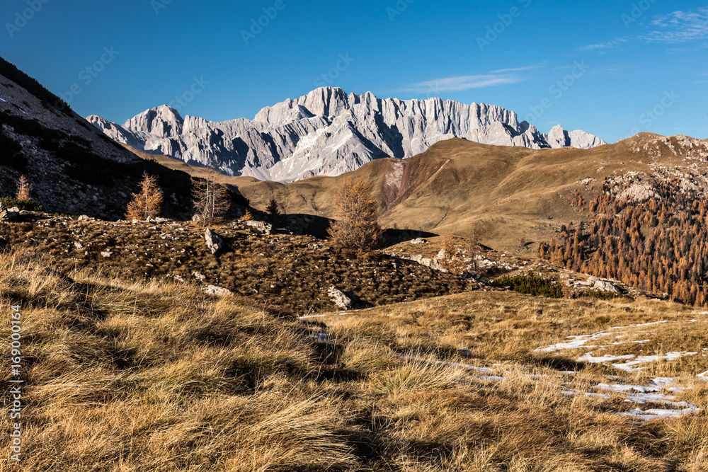 panoramic view of the dolomite mountains on the background of Marmolada
