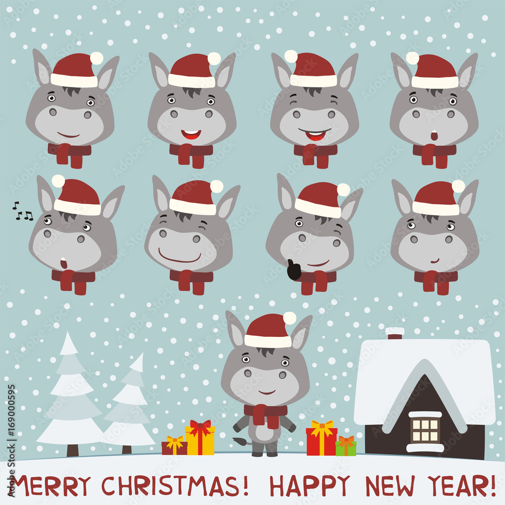 Merry christmas and Happy new year! Set face donkey for christmas and new year design. Collection isolated heads of donkey in cartoon style.