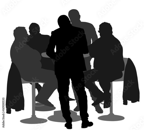 Many people sitting and talking vector silhouette illustration. Group of friends drinking in bar after work. Poker event. Night club guests. Men shadows.