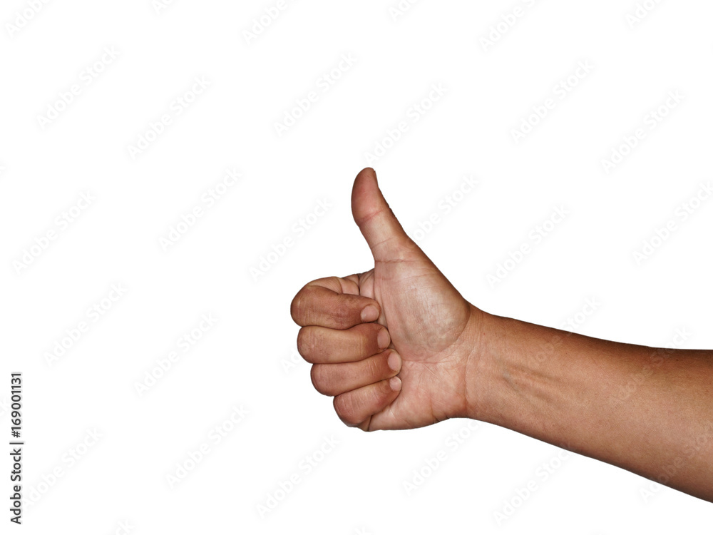 Hand mit Daumen hoch freigestellt vor weißem Hintergrund Hand mit Daumen hoch freigestellt vor weißem Hintergrund