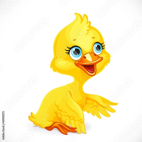 Cute yellow duckling sit on floor isolated on white background