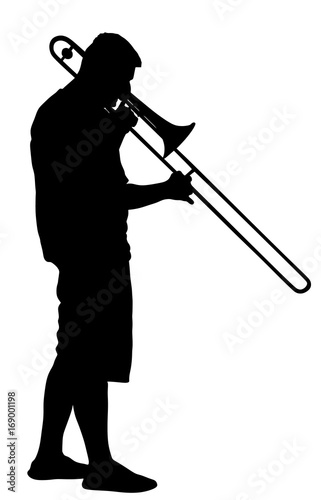 Trombone player vector silhouette illustration. Music man play instrument on street.