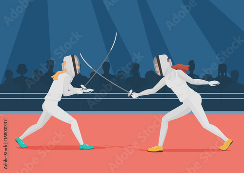 Two people doing fencing. Fencing championship vector illustration.