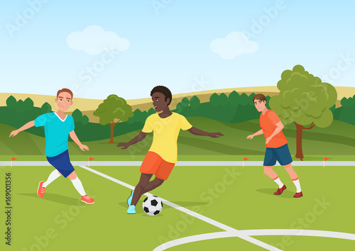 The people playing football in the field stadium. Soccer man players vector illustration.