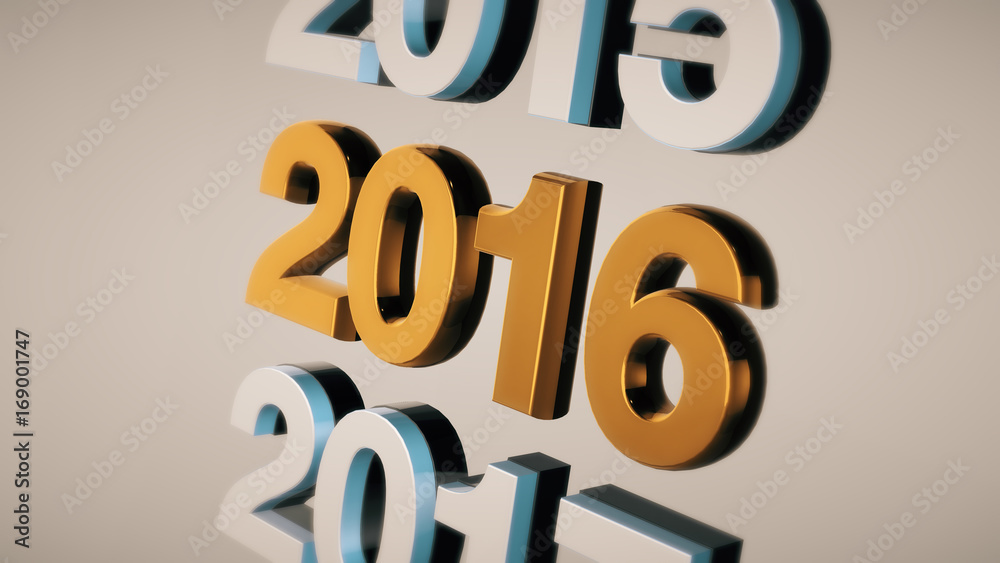 Metal number 2016 made of golden iron. 3d rendering