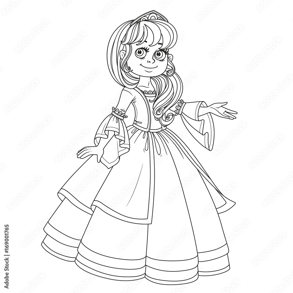 Fototapeta premium Cute princess teen in lush dress and tiara shows away from herself outlined picture for coloring book on white background