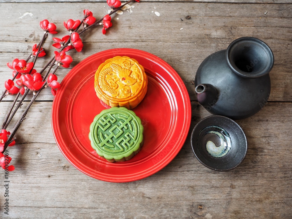Green tea festival moon cake with tea pot Green tea festival moon cake with tea pot