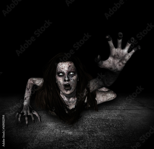 Canvas Print 3d illustration of scary ghost woman coming out from the hole of grunge wall,Hor