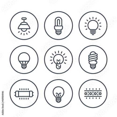 lighting, light bulbs line icons on white, LED, CFL, fluorescent, halogen lamps and led strip