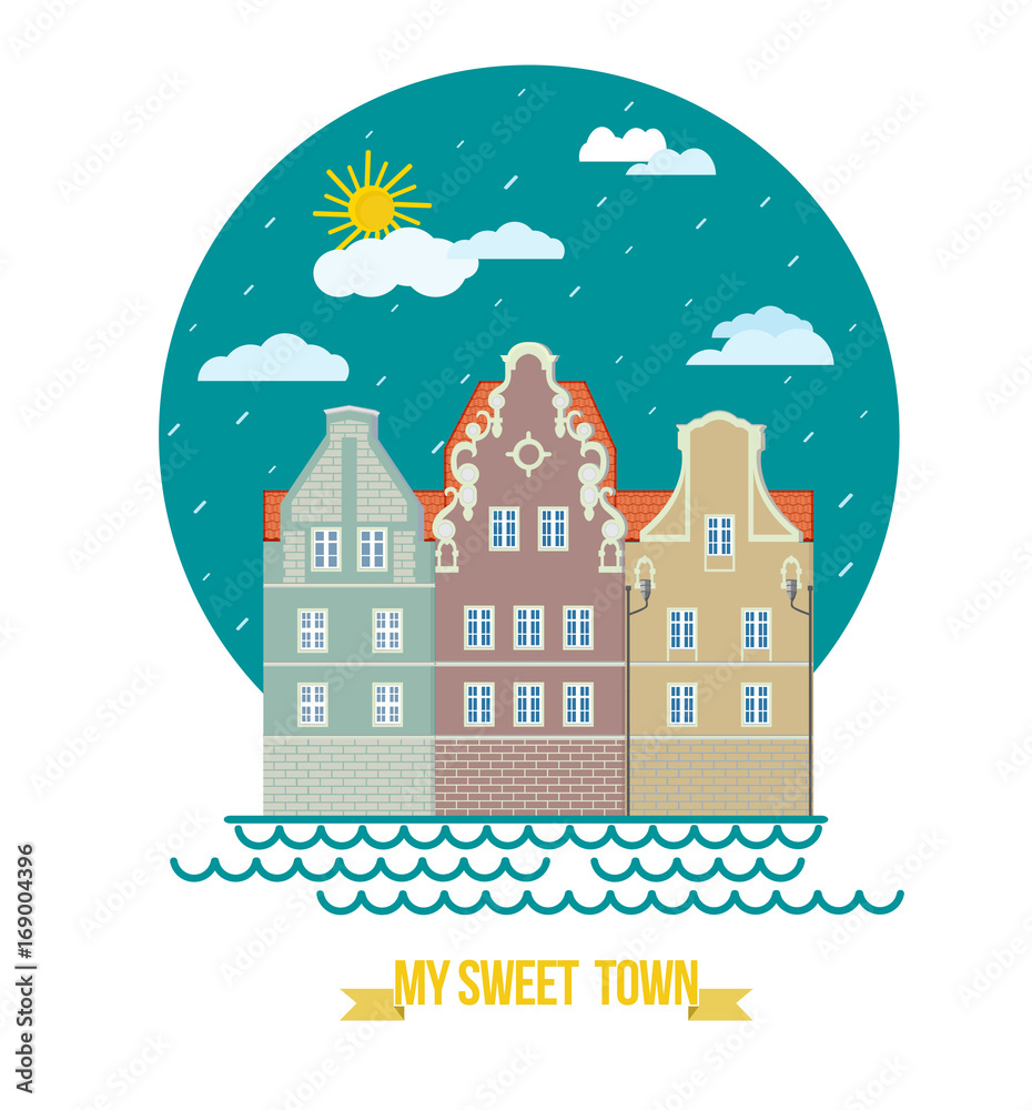 Classic European old city houses landscape Buildings and facades Day cozy town street Flat design style