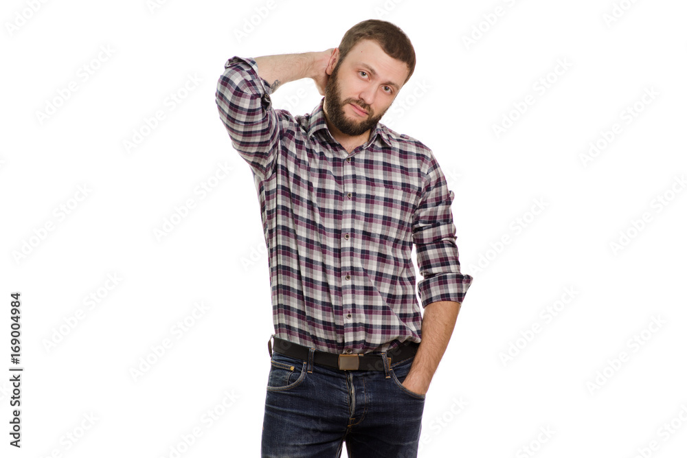Man in shirt in cage and in jeans Man in shirt in cage and in jeans
