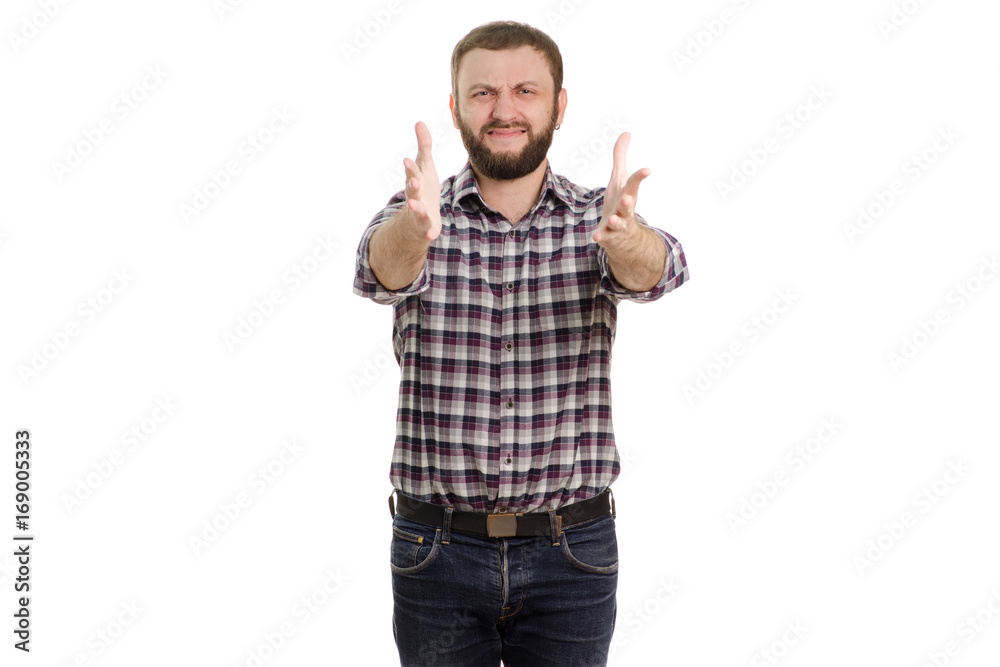 Man in shirt in cage and in jeans emotions hands Man in shirt in cage and in jeans emotions hands