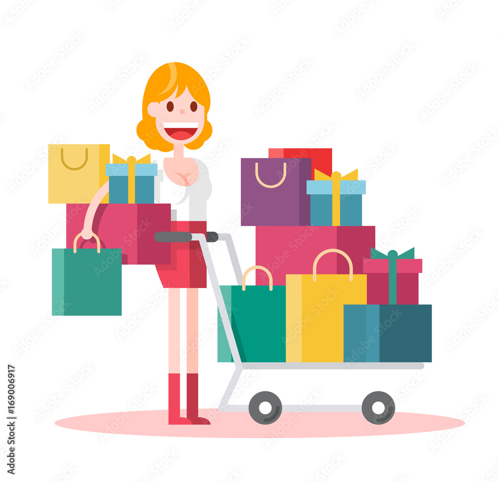 Flat Girl Shopping on White Background. Isolated Flat Vector Illustration Flat Girl Shopping on White Background. Isolated Flat Vector Illustration