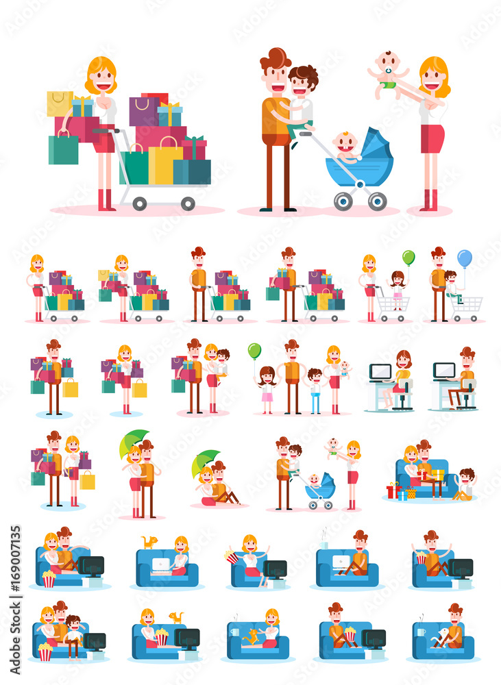 Set of Familiar People Scenes on White Background. Isolated Flat Vector Illustration