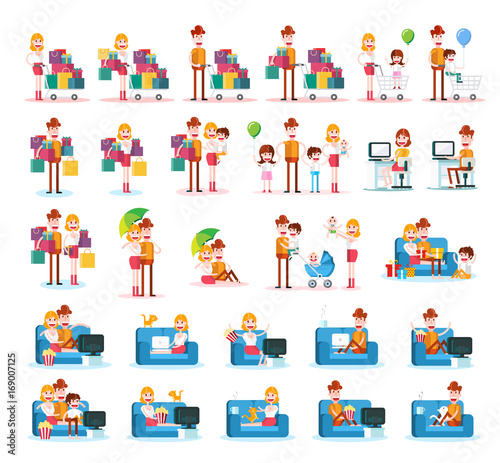 Set of Familiar People Scenes on White Background. Isolated Flat Vector Illustration © treter