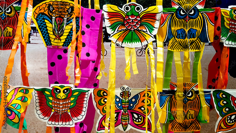 Recreation background different styles of animal kites hanging for sell