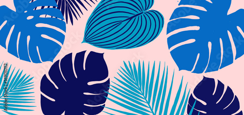 Blue Leaves Tropical Scene with Pink Background