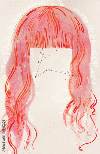 Pink and Red Woman's Hair with Constellation 