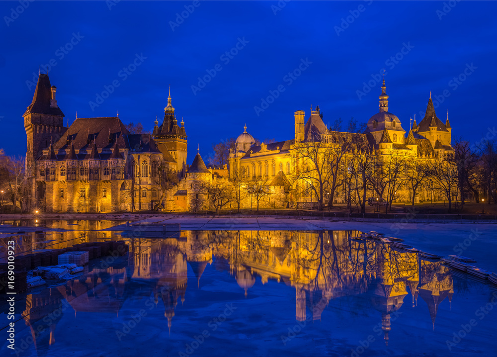 Budapest, Hungary - The famous Vajdahunyad castle at blue hour with reflection
