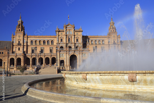 The fountain in Plaza de Espana or Spain Square in Seville, Andalusia, Spain