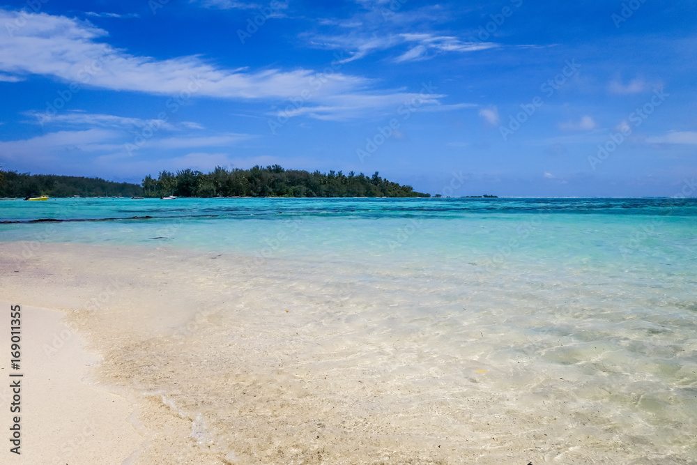 Tropical white sand beach and lagoon in Moorea Island Tropical white sand beach and lagoon in Moorea Island