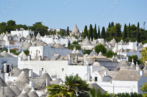 Spectacular view of Alberobello with trulli roofs and terraces, Apulia region, Southern Italy