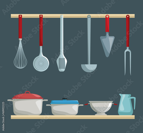 blue color background with different utensils of kitchen hanging and set pots in wood shelf vector illustration