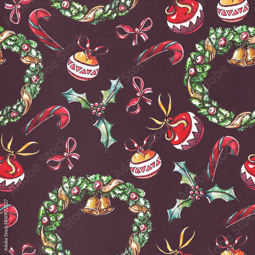 Beautiful square pattern with christmas wreath and hand drawn with watercolor on black textured paper christmas balls, red ribbon bows, branches of holly, candy canes in seamless design
