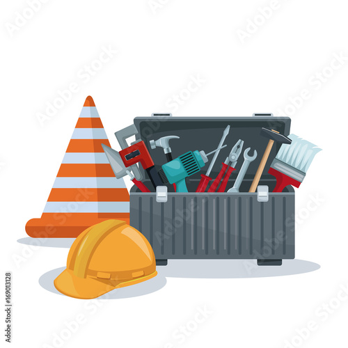 white background with toolbox and cone with helmet protection vector illustration