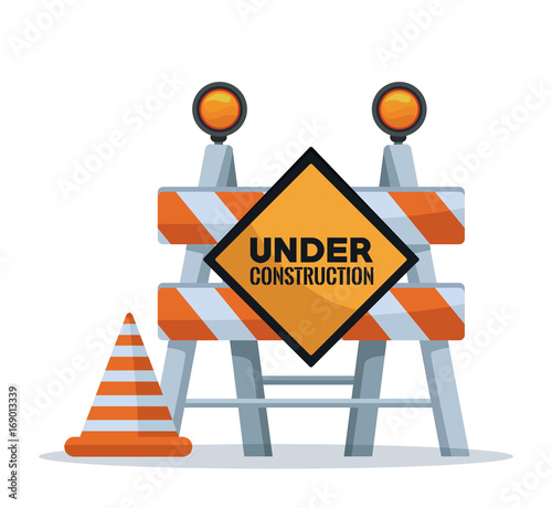 white background with barricade traffic signal text under construction and cone vector illustration