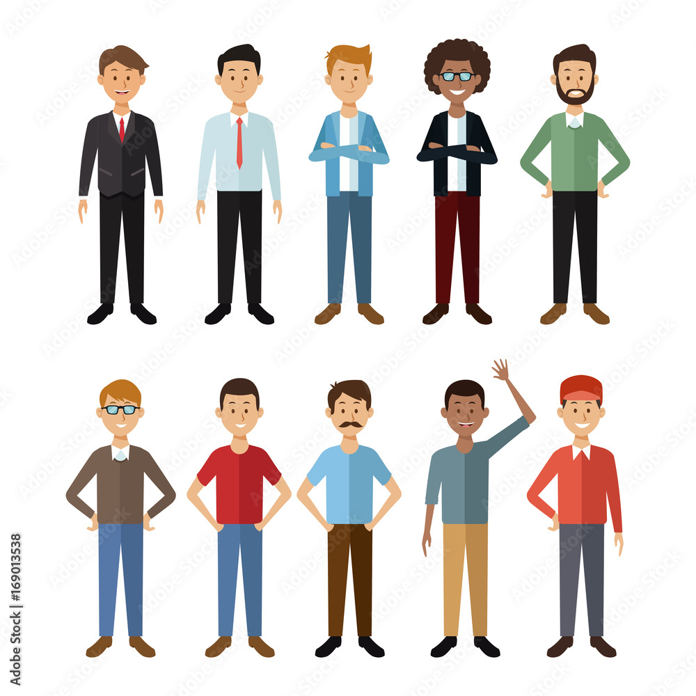 white background with full body group male people of the world vector illustration
